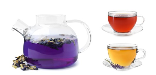 Image of Different types of tea in glassware isolated on white, set