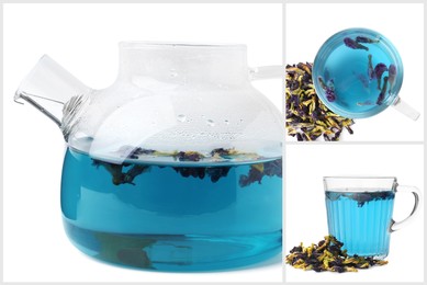 Image of Butterfly pea tea brewed in glassware on white background, collage