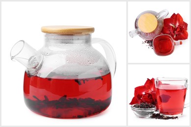 Image of Hibiscus tea brewed in glassware on white background, collage