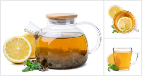 Image of Freshly brewed tea in glassware on white background, collage
