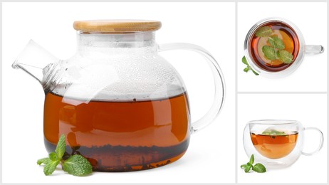 Image of Freshly brewed tea in glassware on white background, collage