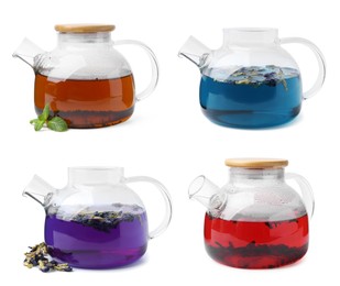 Image of Different types of tea in glass teapots isolated on white, set