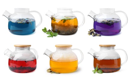 Image of Different types of tea in glass teapots isolated on white, set