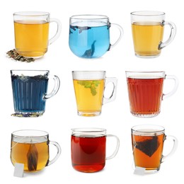 Image of Different types of tea in glass cups isolated on white, set