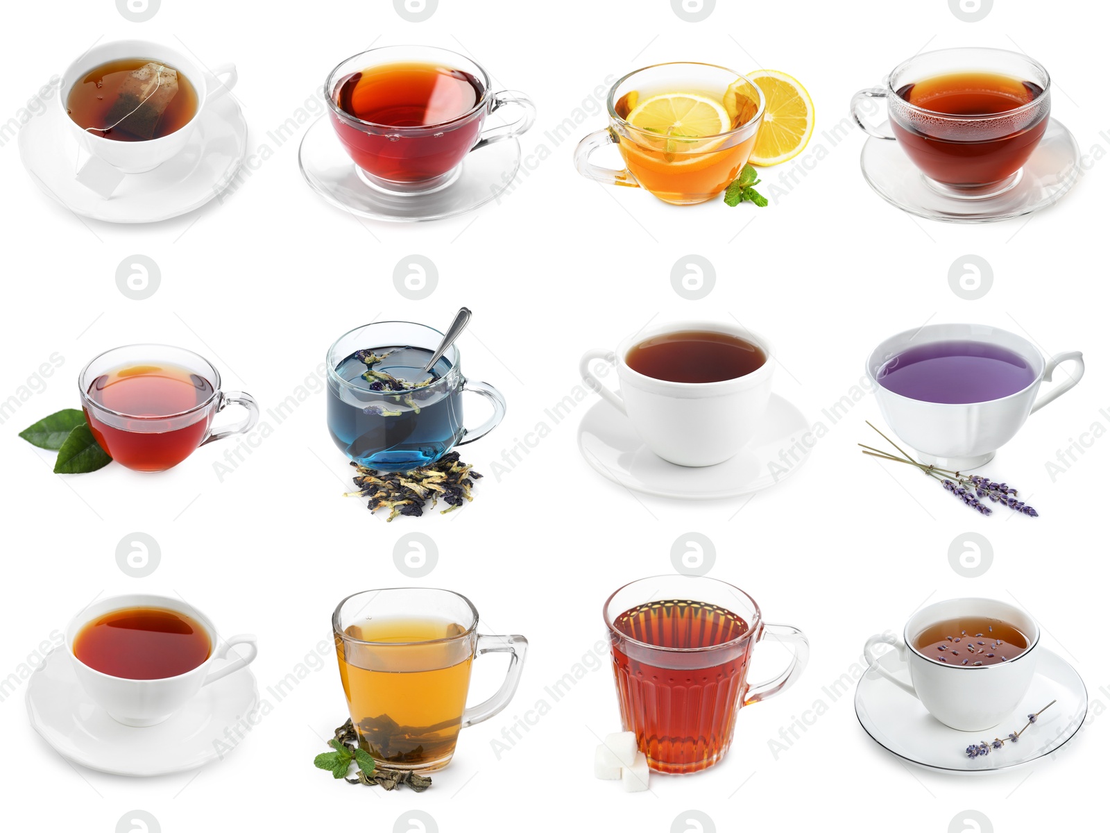 Image of Different types of tea in cups isolated on white, set