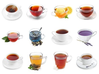 Image of Different types of tea in cups isolated on white, set
