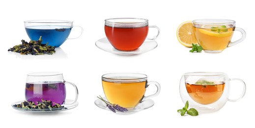 Image of Different types of tea in glass cups isolated on white, set
