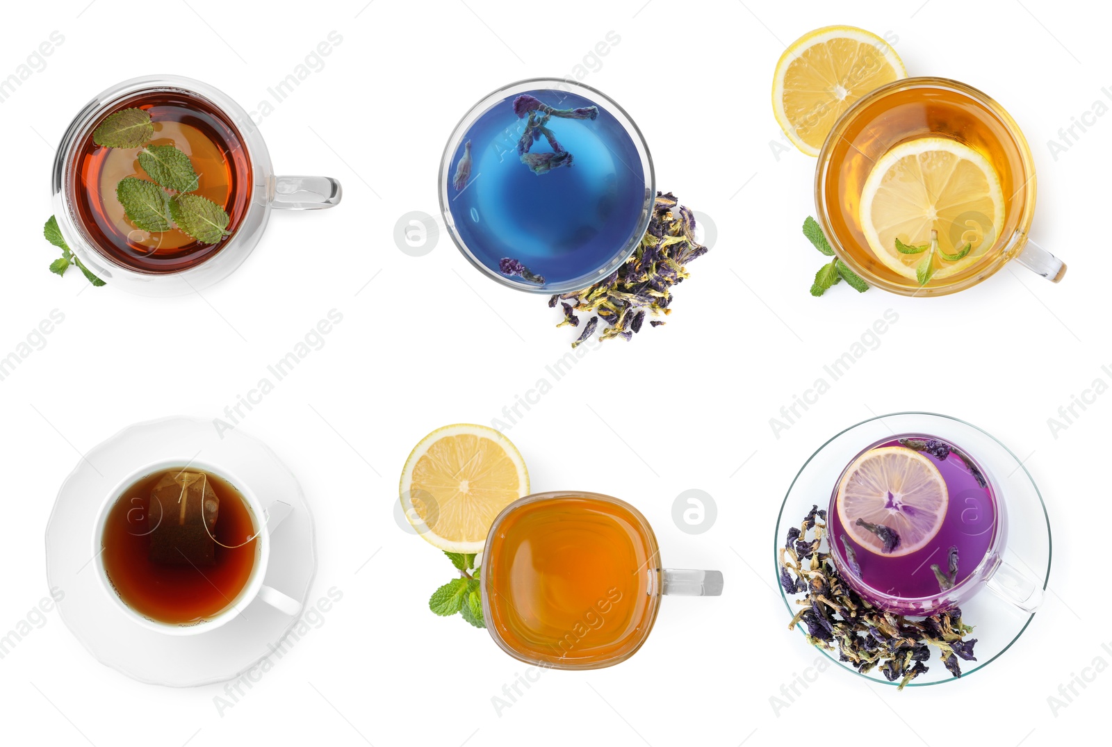 Different types of tea in cups isolated on white, set. Top view Image of Different types of tea in cups isolated on white, set. Top view