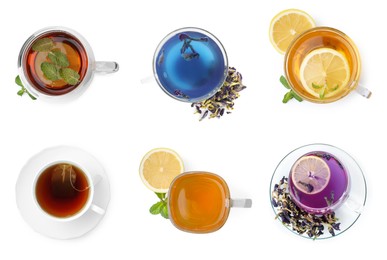 Image of Different types of tea in cups isolated on white, set. Top view