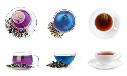 Image of Different types of tea isolated on white, collage