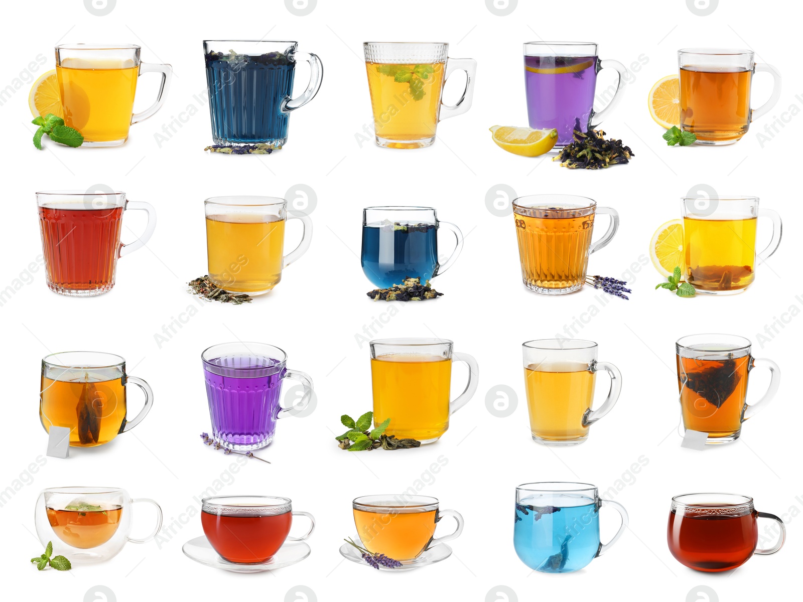 Different types of tea in glass cups isolated on white, set Image of Different types of tea in glass cups isolated on white, set