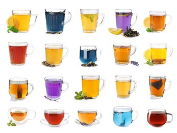 Image of Different types of tea in glass cups isolated on white, set