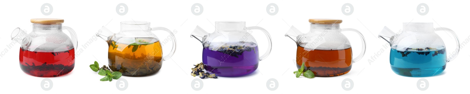 Different types of tea in glass teapots isolated on white, set Image of Different types of tea in glass teapots isolated on white, set