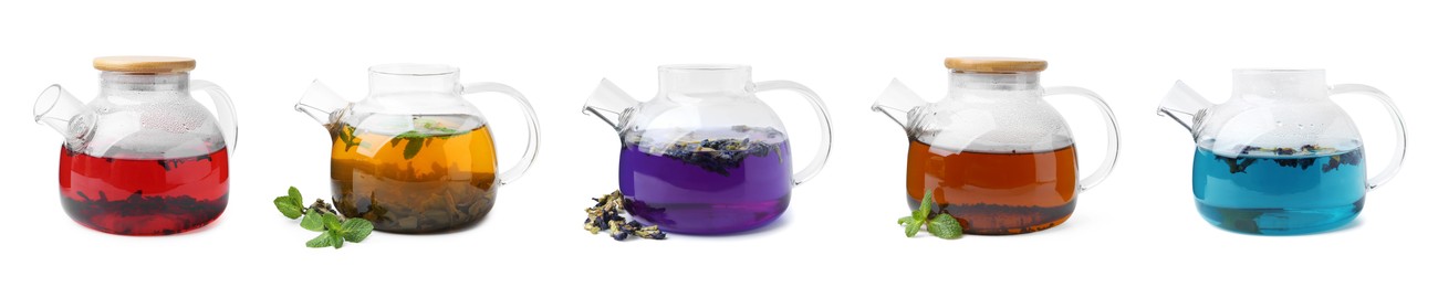 Image of Different types of tea in glass teapots isolated on white, set