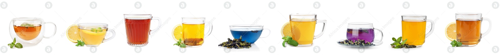 Different types of tea in glass cups isolated on white, set Image of Different types of tea in glass cups isolated on white, set