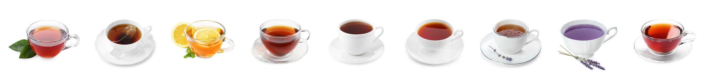 Image of Different types of tea in cups isolated on white, set