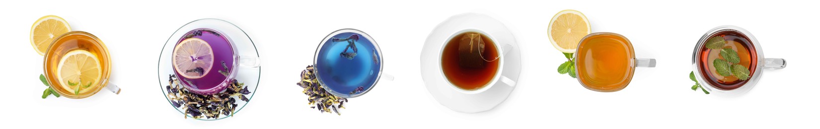 Image of Different types of tea in cups isolated on white, set. Top view