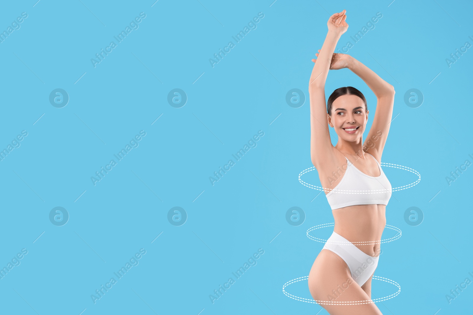 Beautiful woman with perfect figure on light blue background, space for text. Circles around her body. Result of healthy lifestyle, diet, sport trainings Image of Beautiful woman with perfect figure on light blue background, space for text. Circles around her body. Result of healthy lifestyle, diet, sport trainings