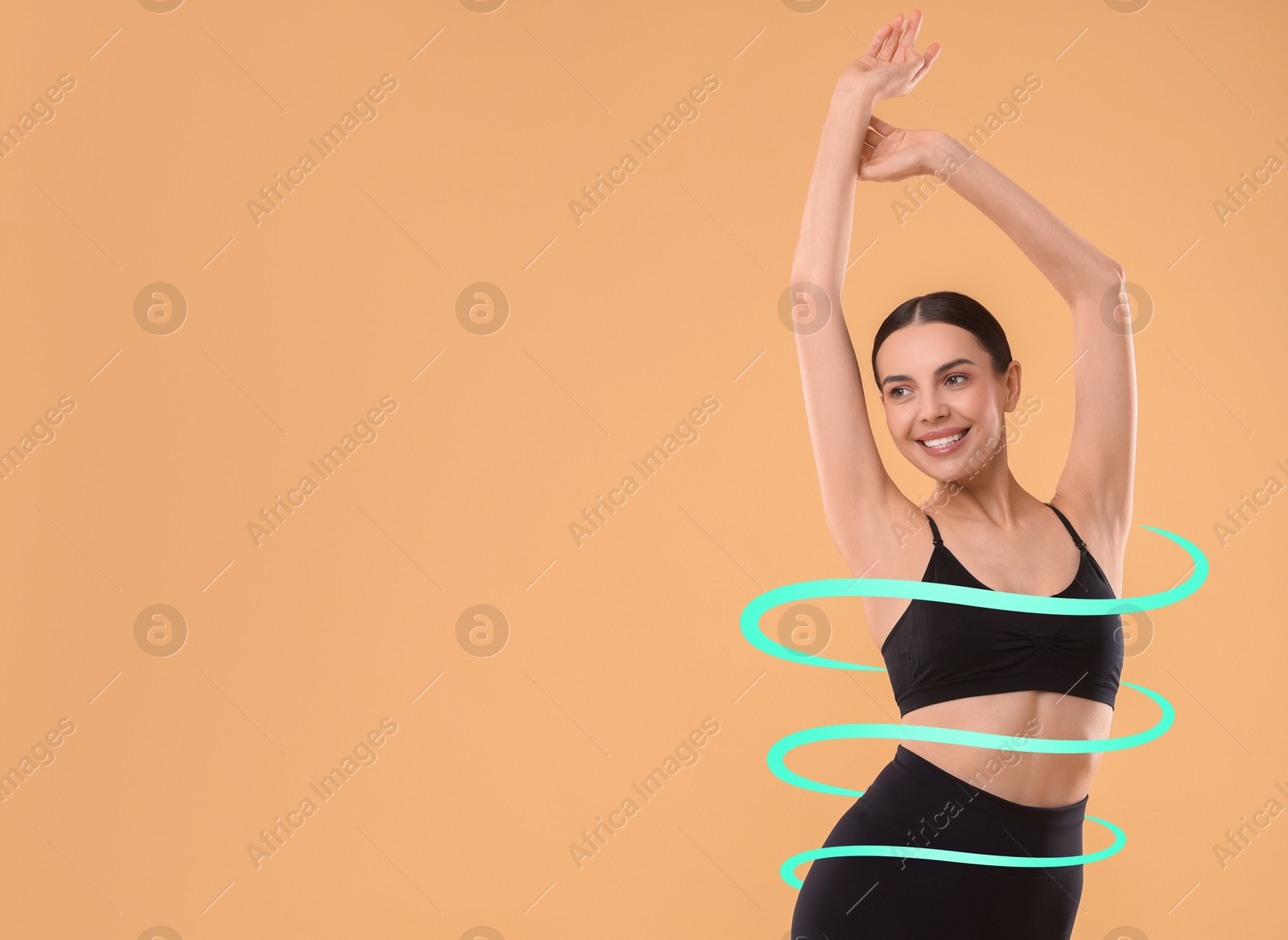 Beautiful woman with perfect figure on dark beige background, space for text. Ribbon around her body. Result of healthy lifestyle, diet, sport trainings Image of Beautiful woman with perfect figure on dark beige background, space for text. Ribbon around her body. Result of healthy lifestyle, diet, sport trainings
