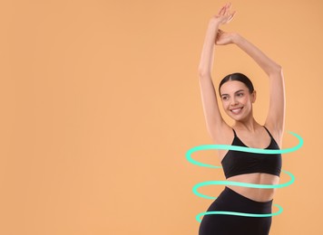 Image of Beautiful woman with perfect figure on dark beige background, space for text. Ribbon around her body. Result of healthy lifestyle, diet, sport trainings