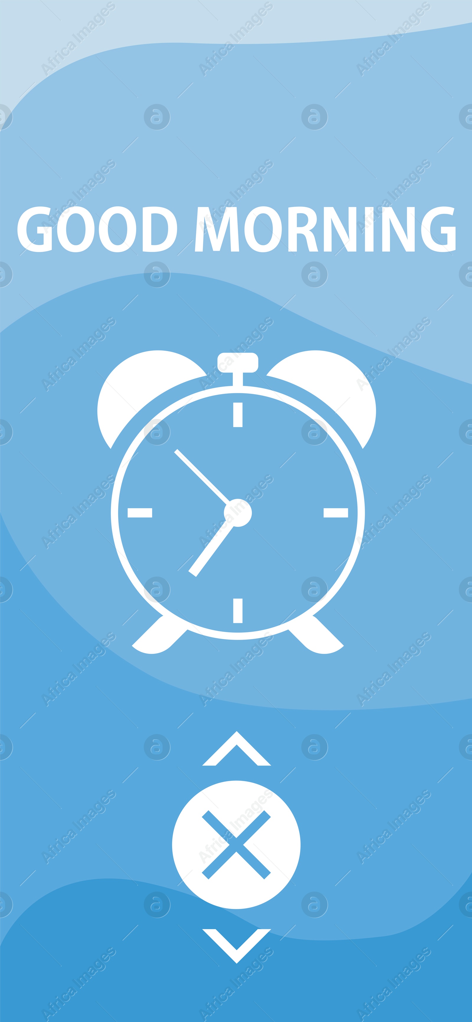 Alarm clock app for mobile phone. Interface with phrase Good Morning and off button Image of Alarm clock app for mobile phone. Interface with phrase Good Morning and off button