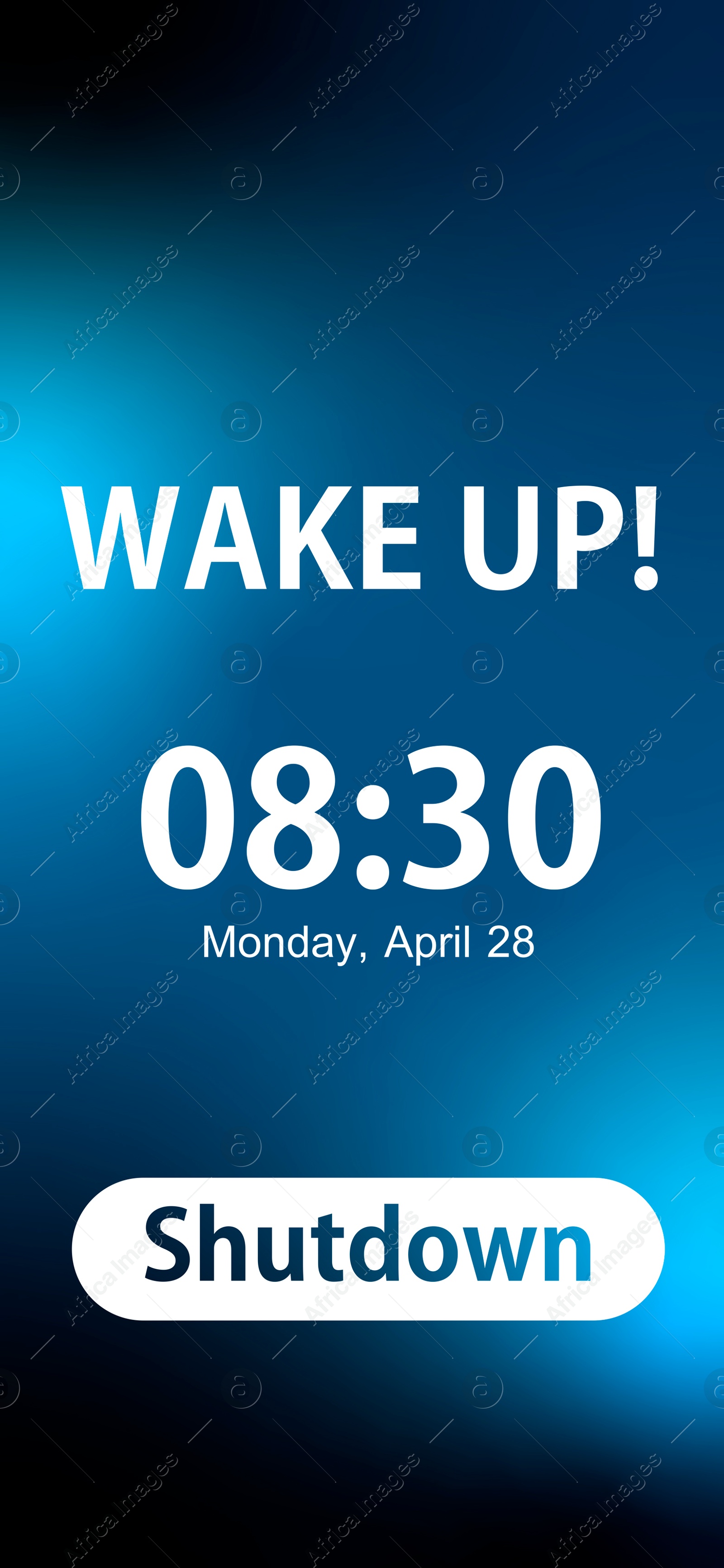 Alarm clock app for mobile phone. Interface with set time, weekday, date, Shutdown button and phrase Wake Up Image of Alarm clock app for mobile phone. Interface with set time, weekday, date, Shutdown button and phrase Wake Up