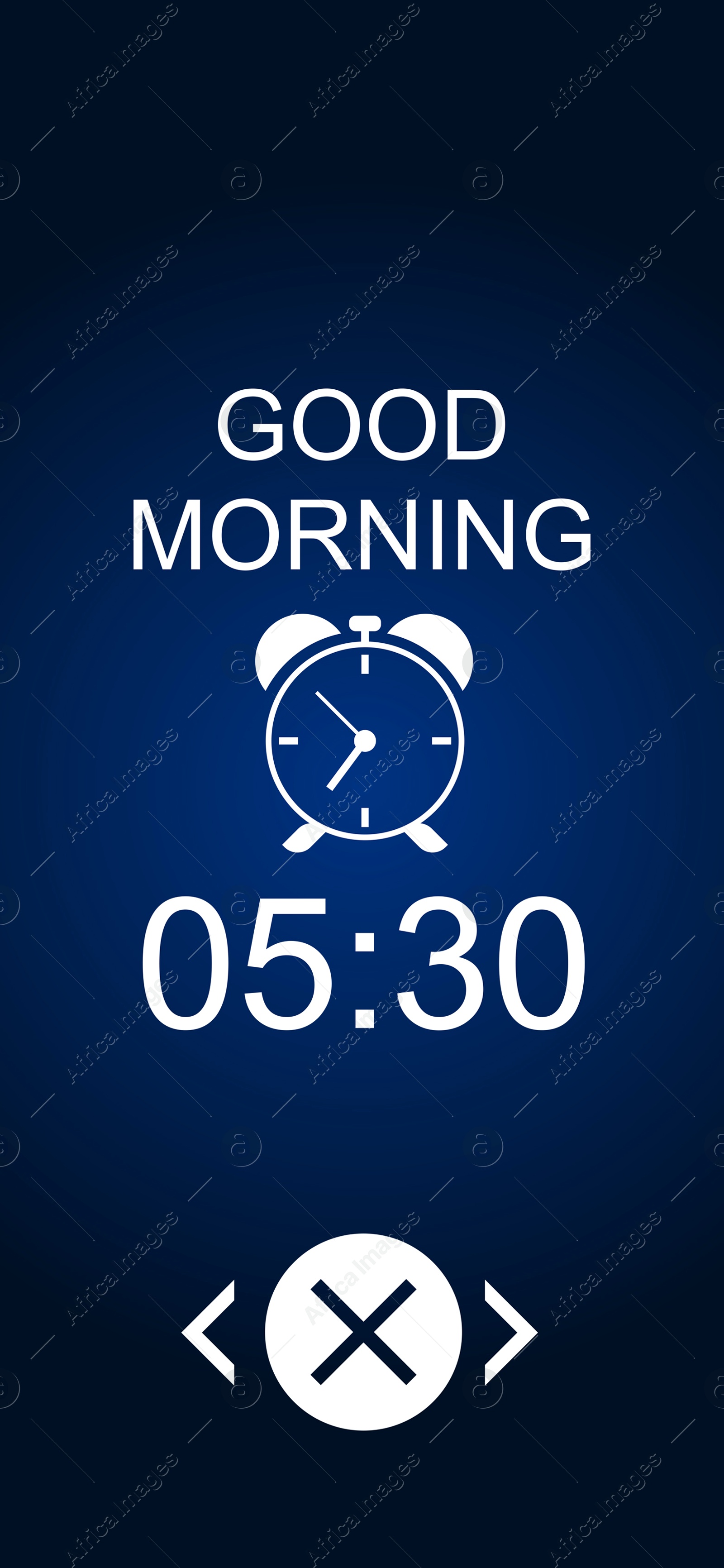 Alarm clock app for mobile phone. Interface with set time, off button and phrase Good Morning Image of Alarm clock app for mobile phone. Interface with set time, off button and phrase Good Morning