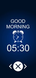 Image of Alarm clock app for mobile phone. Interface with set time, off button and phrase Good Morning