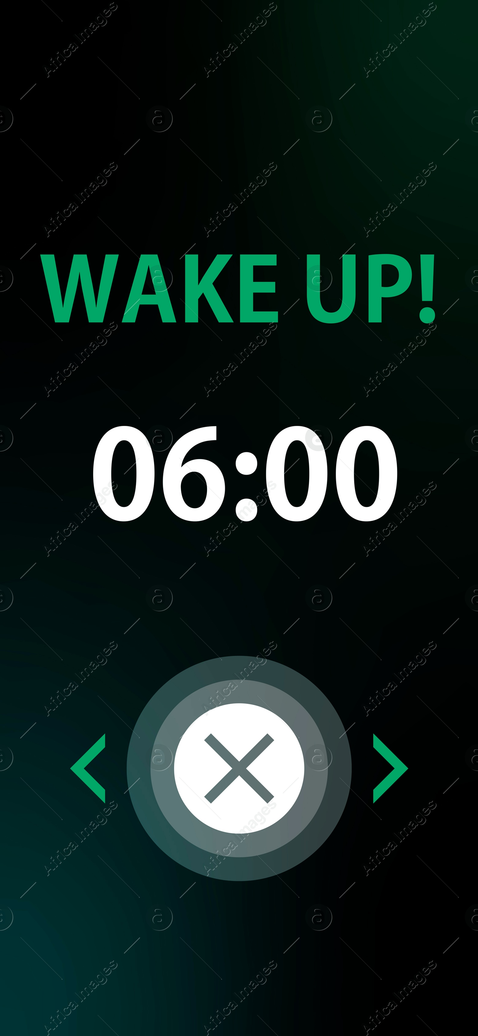 Alarm clock app for mobile phone. Interface with set time, off button and phrase Wake Up Image of Alarm clock app for mobile phone. Interface with set time, off button and phrase Wake Up