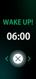 Image of Alarm clock app for mobile phone. Interface with set time, off button and phrase Wake Up