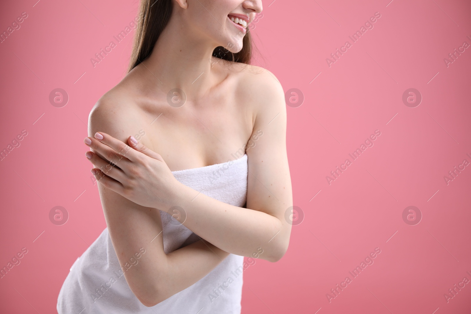 Woman with beautiful collarbones and neck on pink background, closeup. Space for text Photo of Woman with beautiful collarbones and neck on pink background, closeup. Space for text
