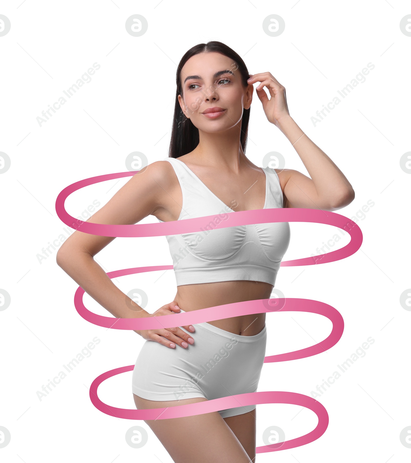 Beautiful woman with perfect figure on white background. Ribbon around her body. Result of healthy lifestyle, diet, sport trainings Image of Beautiful woman with perfect figure on white background. Ribbon around her body. Result of healthy lifestyle, diet, sport trainings