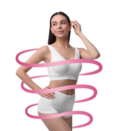 Image of Beautiful woman with perfect figure on white background. Ribbon around her body. Result of healthy lifestyle, diet, sport trainings