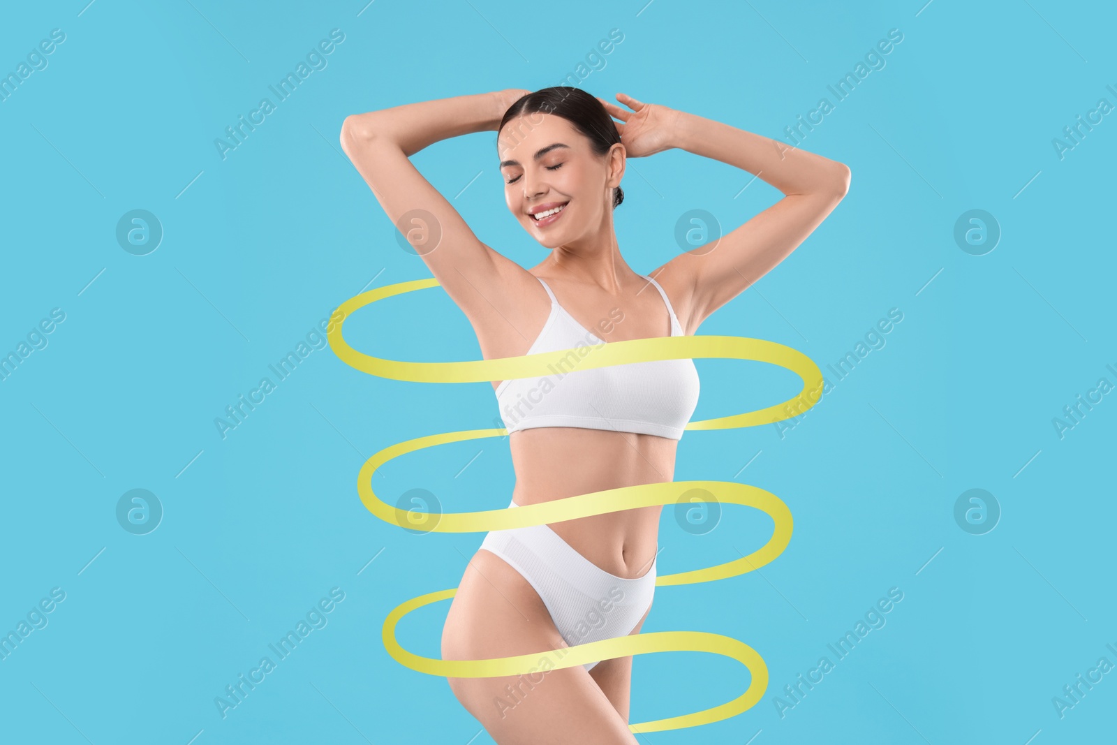 Beautiful woman with perfect figure on light blue background. Ribbon around her body. Result of healthy lifestyle, diet, sport trainings Image of Beautiful woman with perfect figure on light blue background. Ribbon around her body. Result of healthy lifestyle, diet, sport trainings