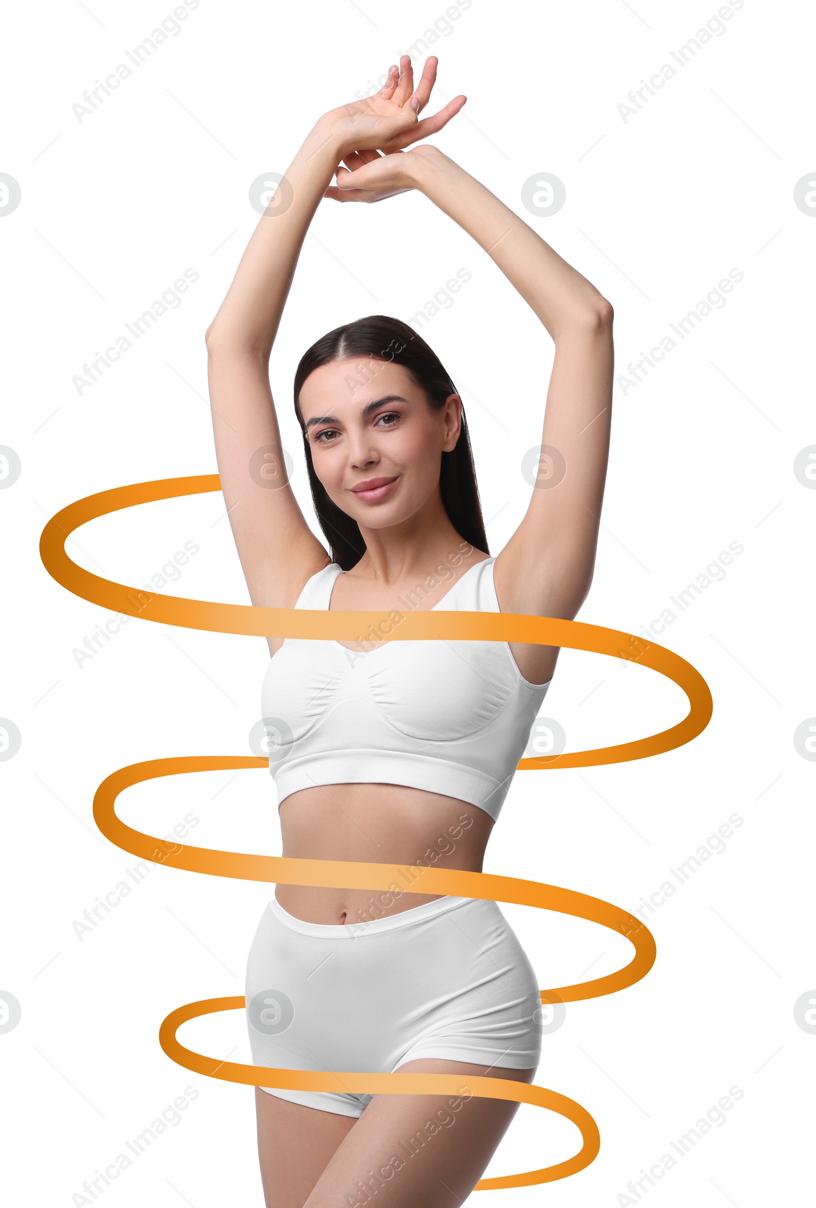 Beautiful woman with perfect figure on white background. Ribbon around her body. Result of healthy lifestyle, diet, sport trainings Image of Beautiful woman with perfect figure on white background. Ribbon around her body. Result of healthy lifestyle, diet, sport trainings