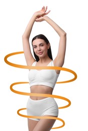 Image of Beautiful woman with perfect figure on white background. Ribbon around her body. Result of healthy lifestyle, diet, sport trainings