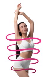 Image of Beautiful woman with perfect figure on white background. Ribbon around her body. Result of healthy lifestyle, diet, sport trainings