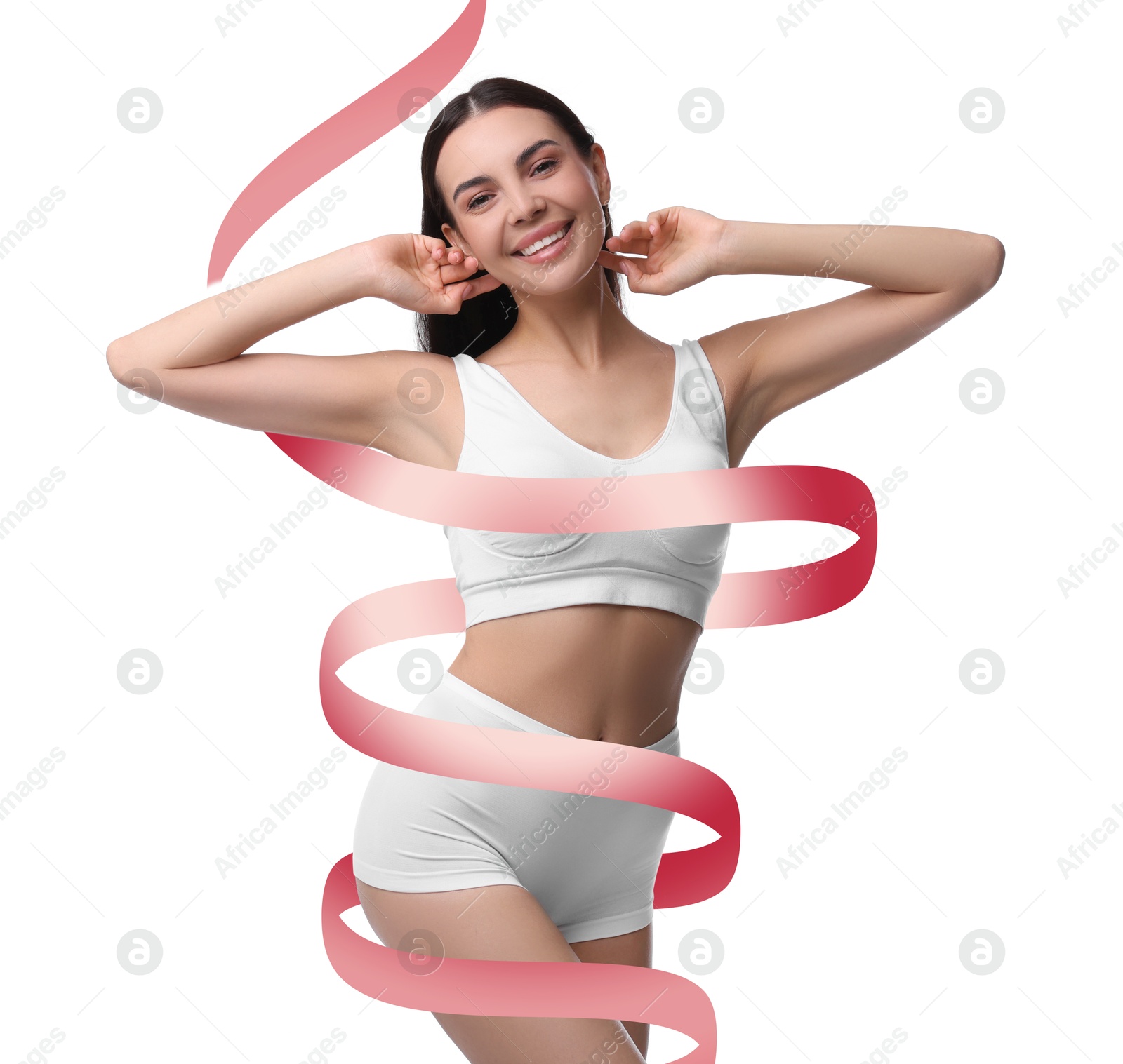 Beautiful woman with perfect figure on white background. Ribbon around her body. Result of healthy lifestyle, diet, sport trainings Image of Beautiful woman with perfect figure on white background. Ribbon around her body. Result of healthy lifestyle, diet, sport trainings