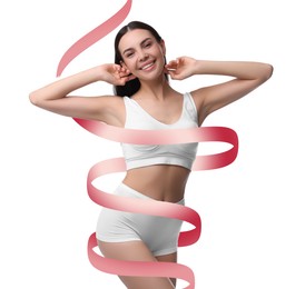 Image of Beautiful woman with perfect figure on white background. Ribbon around her body. Result of healthy lifestyle, diet, sport trainings