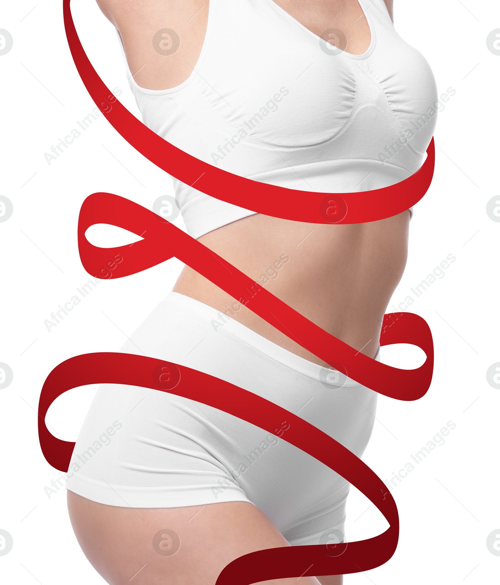Beautiful woman with perfect figure on white background, closeup. Ribbon around her body. Result of healthy lifestyle, diet, sport trainings Image of Beautiful woman with perfect figure on white background, closeup. Ribbon around her body. Result of healthy lifestyle, diet, sport trainings