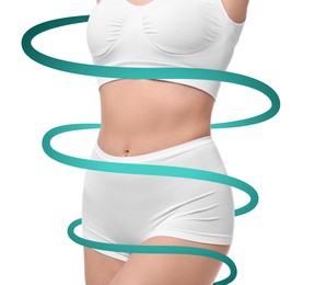 Image of Beautiful woman with perfect figure on white background, closeup. Ribbon around her body. Result of healthy lifestyle, diet, sport trainings