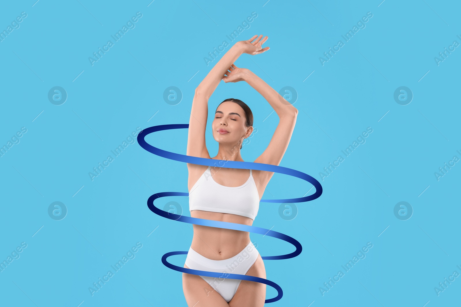 Beautiful woman with perfect figure on light blue background. Ribbon around her body. Result of healthy lifestyle, diet, sport trainings Image of Beautiful woman with perfect figure on light blue background. Ribbon around her body. Result of healthy lifestyle, diet, sport trainings