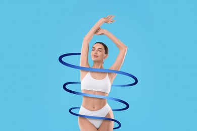 Image of Beautiful woman with perfect figure on light blue background. Ribbon around her body. Result of healthy lifestyle, diet, sport trainings