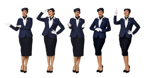 Image of Stewardess in uniform on white background, collage of full length portraits
