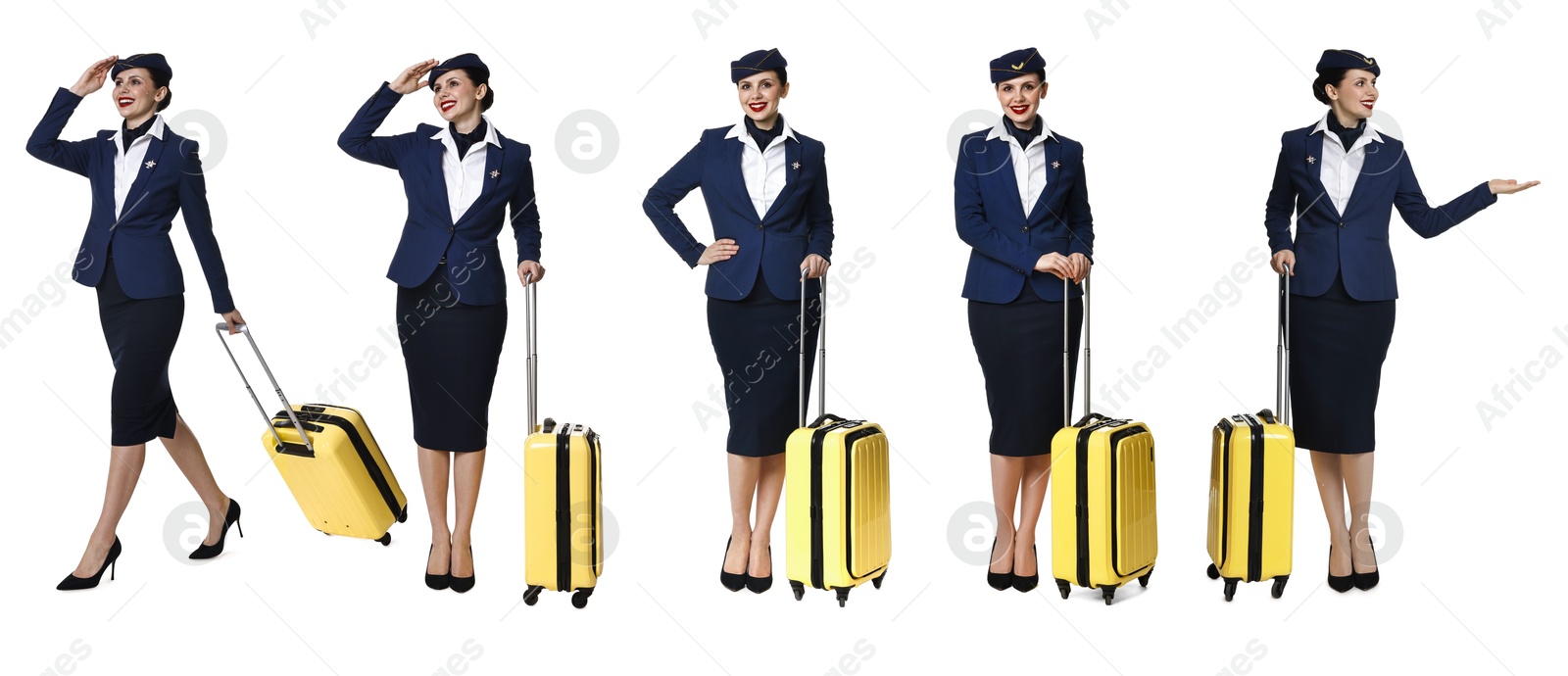 Stewardess in uniform with suitcase on white background, collage of full length portraits Image of Stewardess in uniform with suitcase on white background, collage of full length portraits