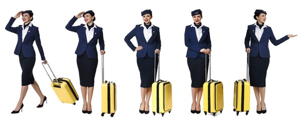Image of Stewardess in uniform with suitcase on white background, collage of full length portraits