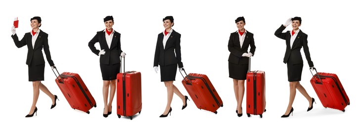 Image of Stewardess in uniform with suitcase on white background, collage of full length portraits