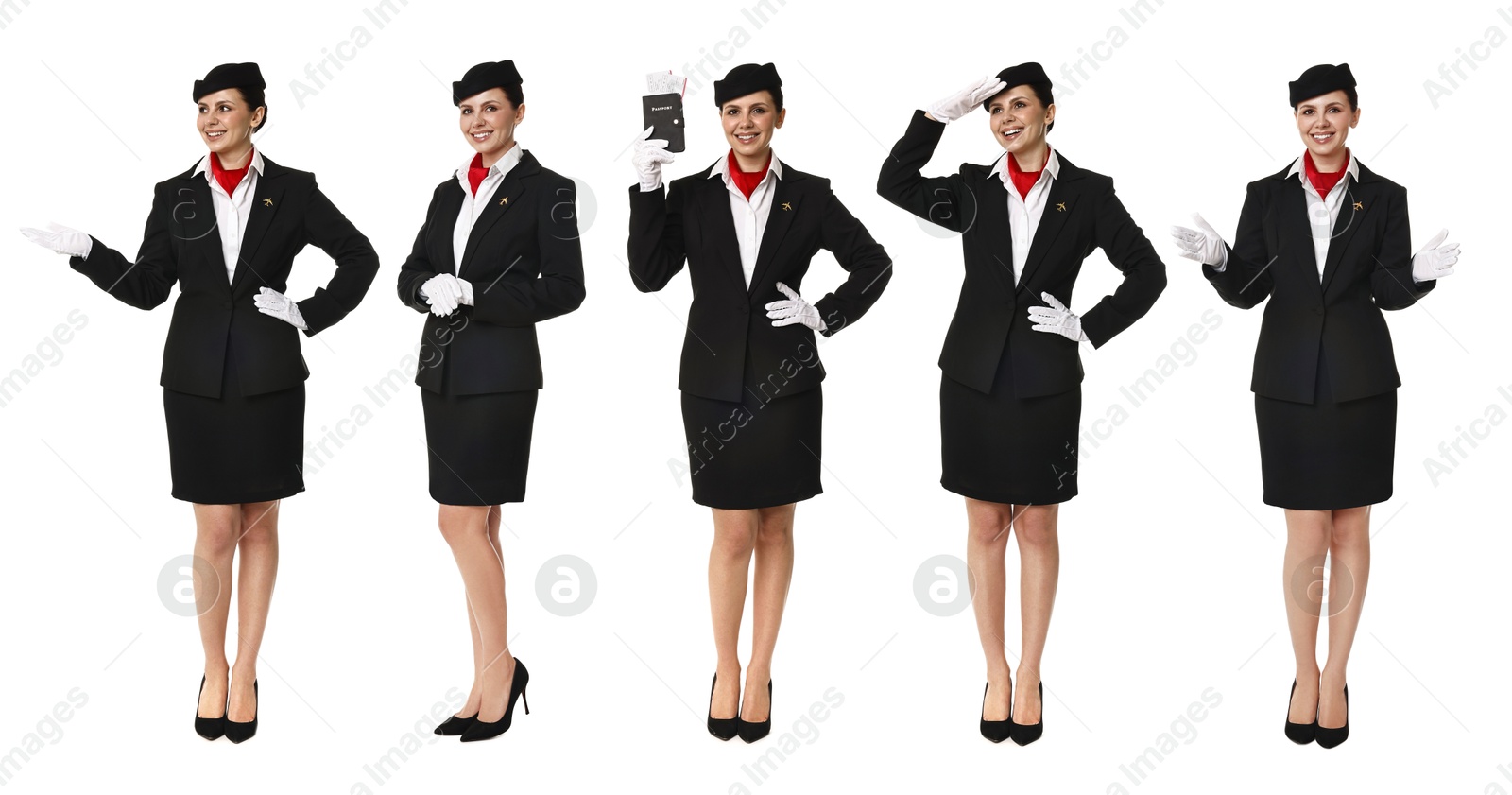 Stewardess in uniform on white background, collage of full length portraits Image of Stewardess in uniform on white background, collage of full length portraits