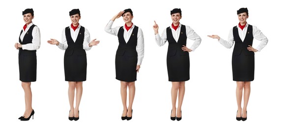 Image of Stewardess in uniform on white background, collage of full length portraits