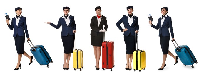 Image of Stewardess in uniform on white background, collage of full length portraits